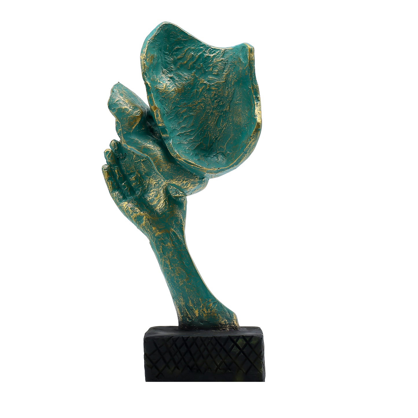 Abstract Art Face and Hand Sculpture | Teal Green & Gold Finish | Modern Polyresin Decorative Showpiece for Home Decor, Office Table, Living Room & Gifting
