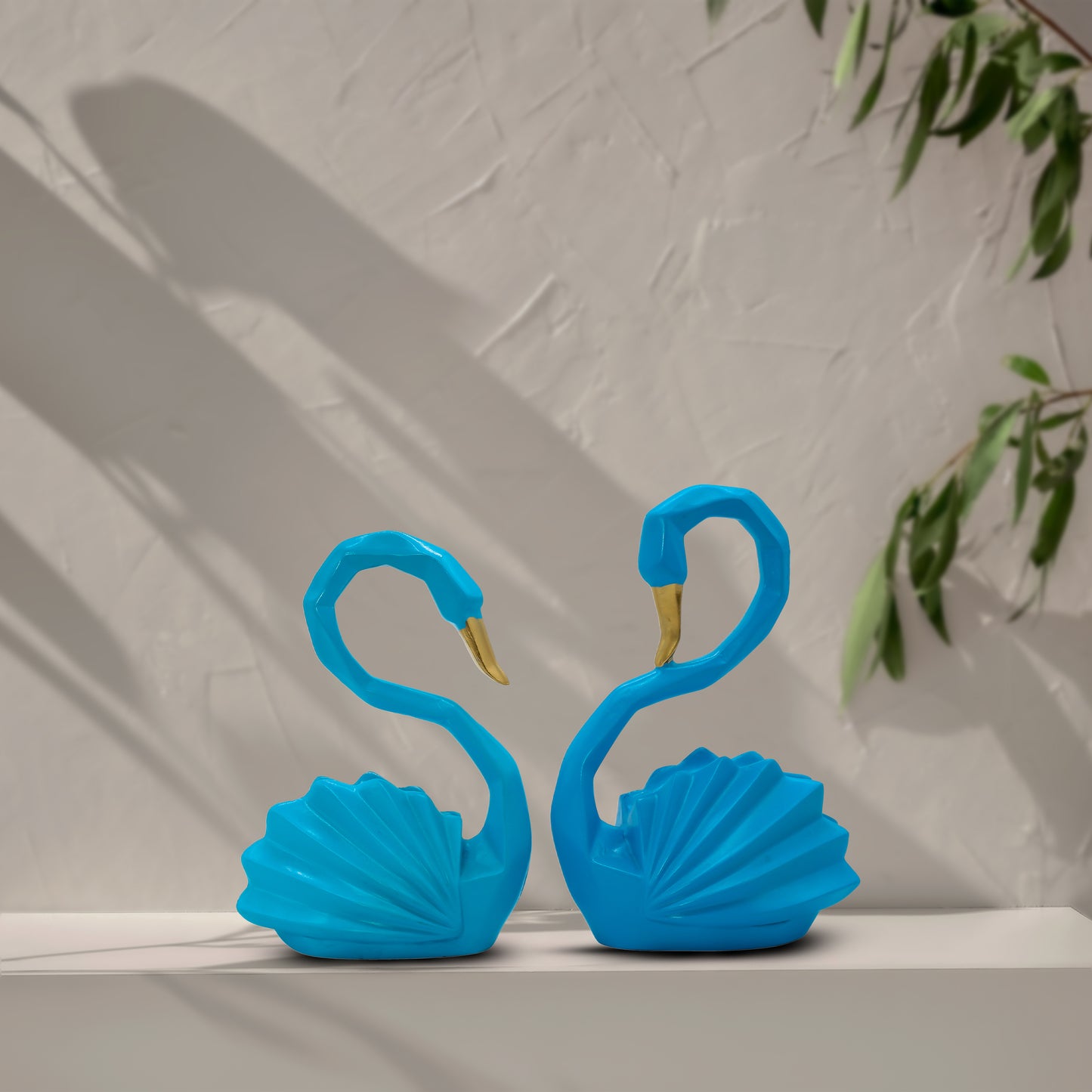 Luxury Geometric Blue Swan Figurines Set of 2 – Premium Resin Swan Bird Decor for Living Room & Office Styling