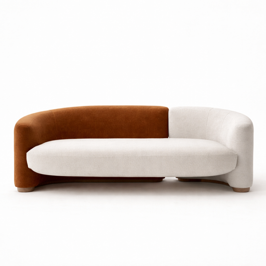 Modern sofa with brown and white sections on a white background