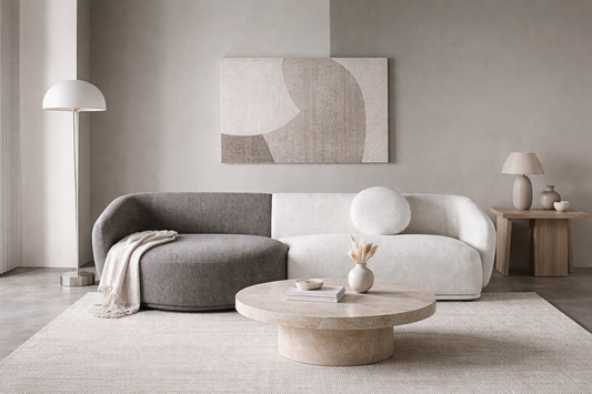 Modern living room with a gray sofa