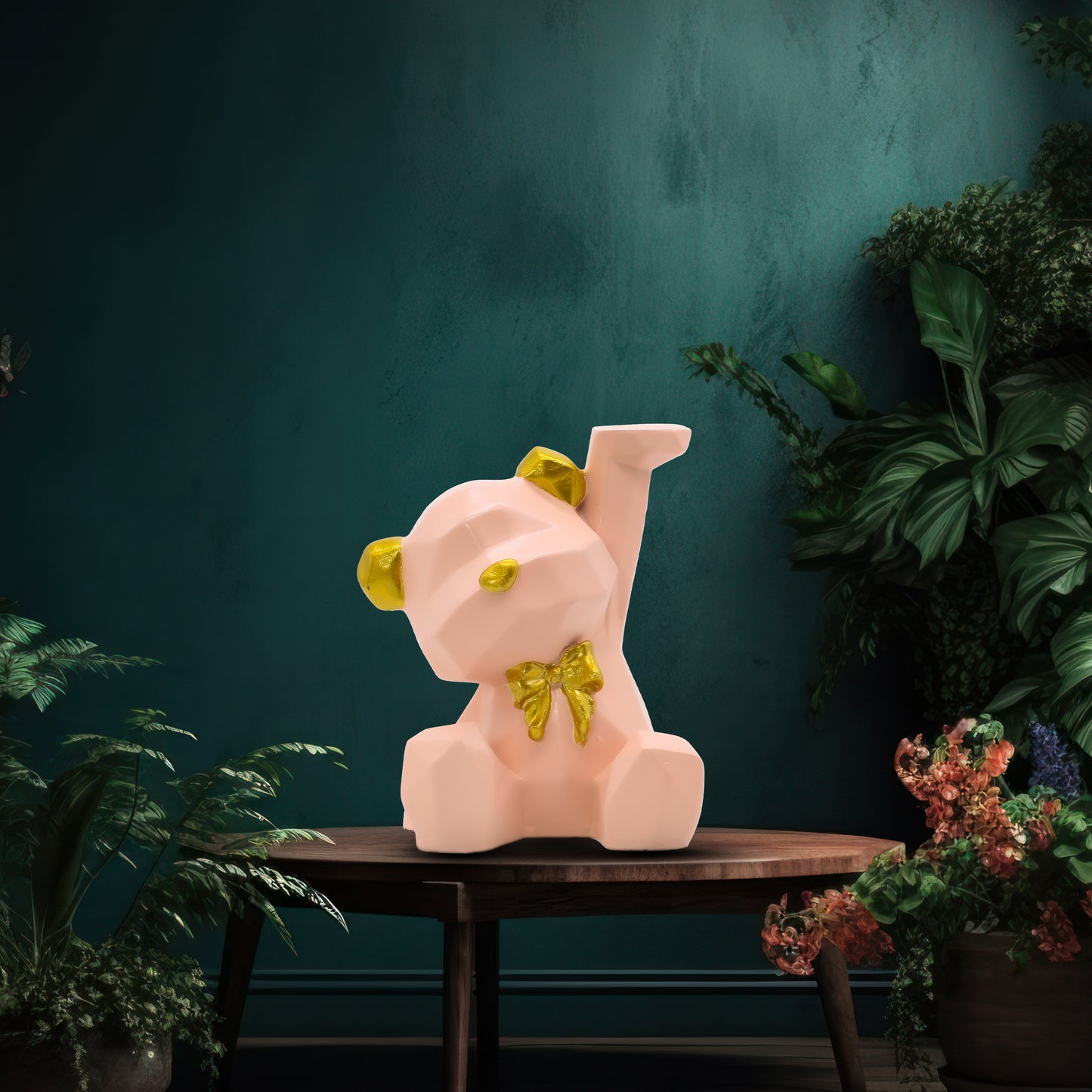 Luxury Geometric Pink Bear Showpiece – Nordic Resin Bear Figurine for Living Room & Modern Home Decor