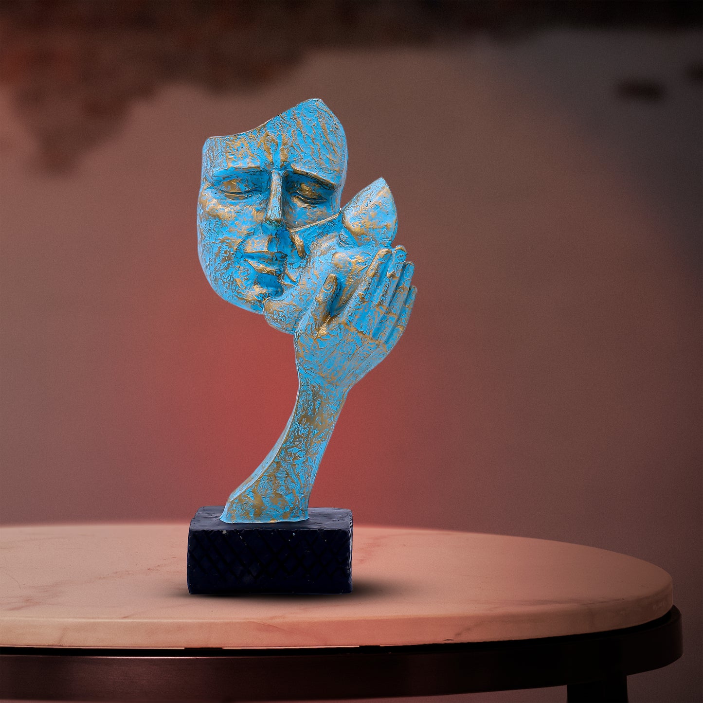 Luxury Abstract Face Hand Sculpture – Premium Teal Green Gold Polyresin Decor for Living Room & Office