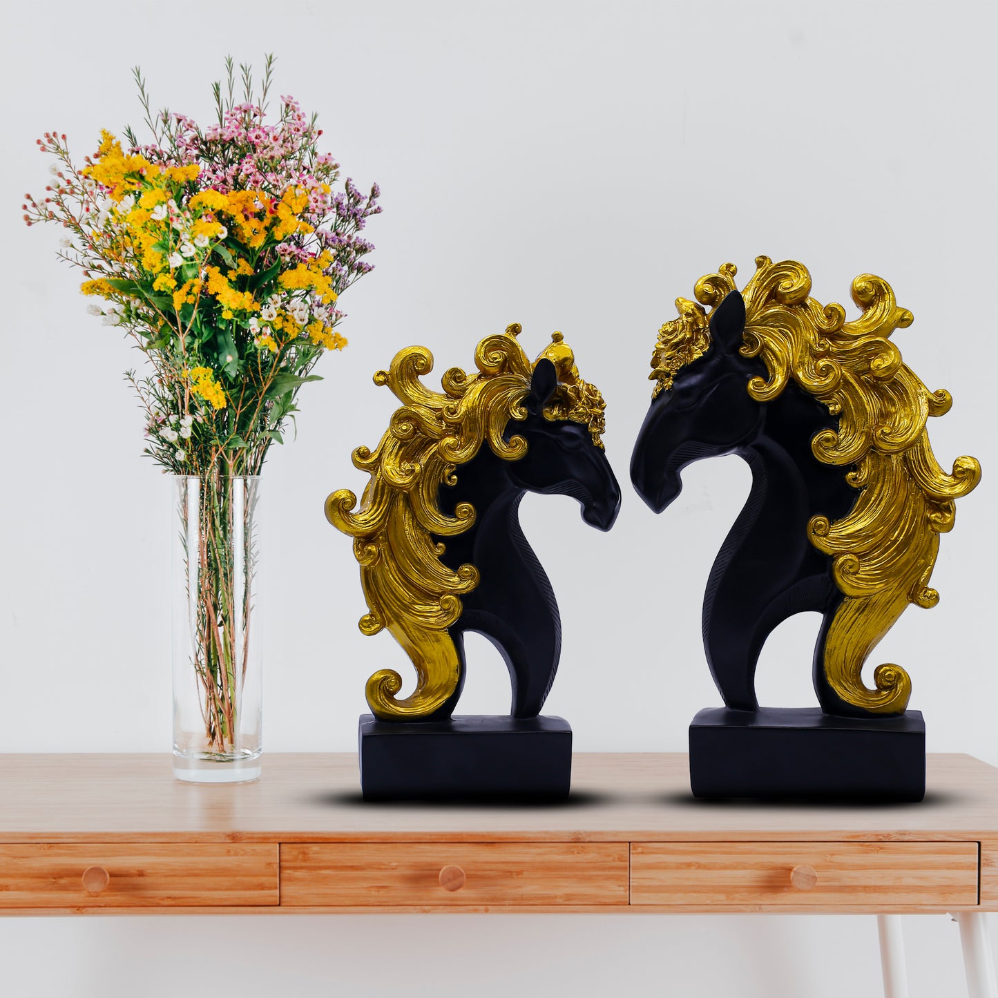 Luxury Black Gold Horse Head Showpiece Set of 2 – Premium Polyresin Horse Decor for Living Room & Office Styling