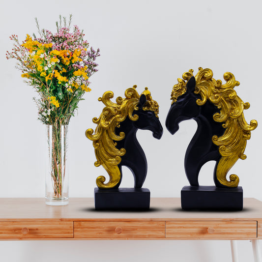 Luxury Black Gold Horse Head Showpiece Set of 2 – Premium Polyresin Horse Decor for Living Room & Office Styling
