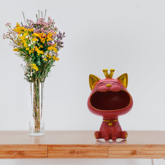Luxury Red Big Mouth Cat Showpiece – Premium Polyresin Cat Figurine for Living Room & Modern Home Decor