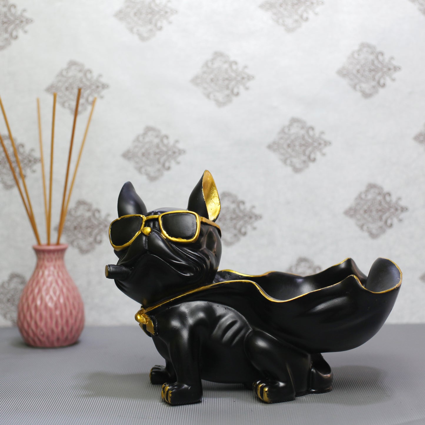 Luxury Black Dog Basket Showpiece – Premium Polyresin Dog Figurine for Living Room & Home Decor