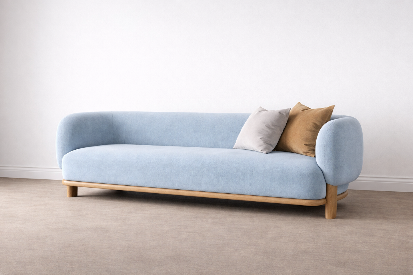 Light blue sofa with wooden legs and two cushions