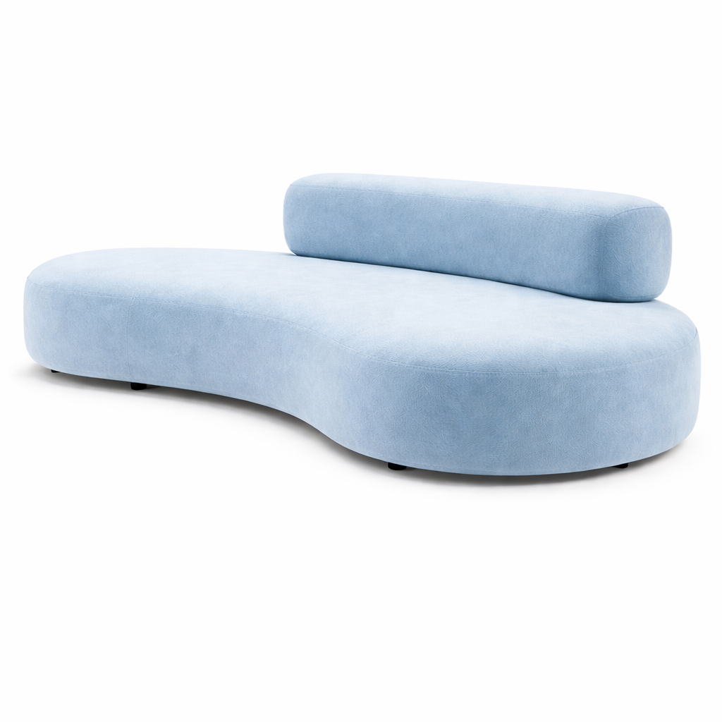 Light blue sofa with a cylindrical backrest on a white background