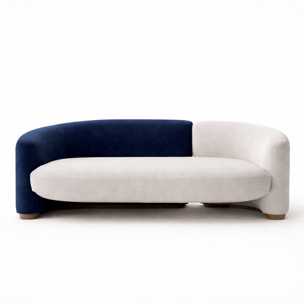Two-toned sofa with blue and white sections on a white background
