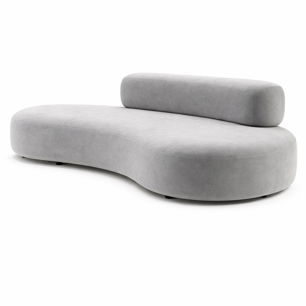 Modern gray sofa with a curved design on a white background